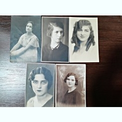 Fotografii tip carte postala, femei din perioada interbelica, set de 5, necirculate