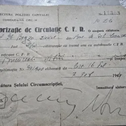 Autorizație de circulație CFR din 1944 pe numele lui Geo Bogza