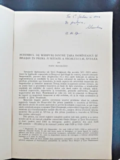 Schimburi de marfuri dintr Tara Romaneasca si Brasov in prima jumatate a secolului al XVI-lea - Radu Manolescu  cu dedicatie