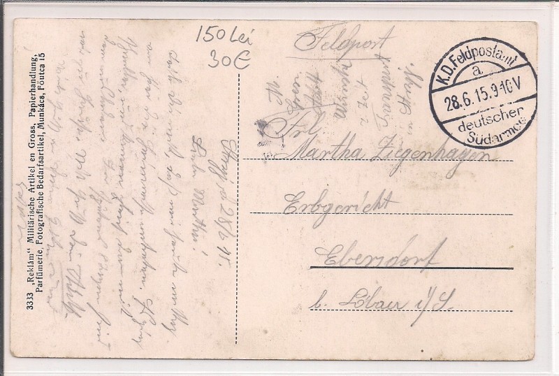Carte postala circulata in anul 1915 Muntii Carpati