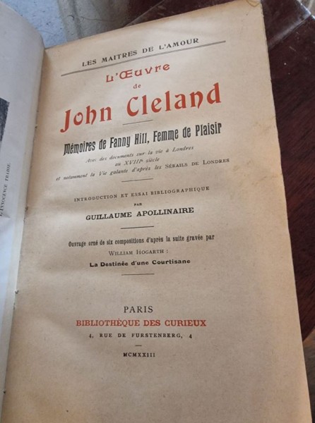 Guillaume Apollinaire - L Oeuvre de John Cleland. Memoires de Fanny Hill, Femme de plaisir