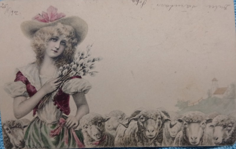 Carte postala, Fetita cu palarie si flori, 1902
