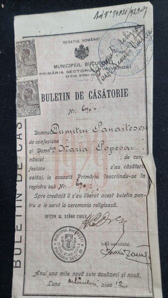 Buletin de căsătorie din 1929 – Municipiul București