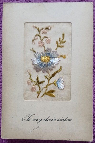 Carte postala, Felicitare floare realizata manual, perioada interbelica