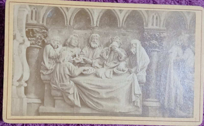 Fotografie tip CDV, sculptura fragment din Cina cea de Taina, inceput de secol XX