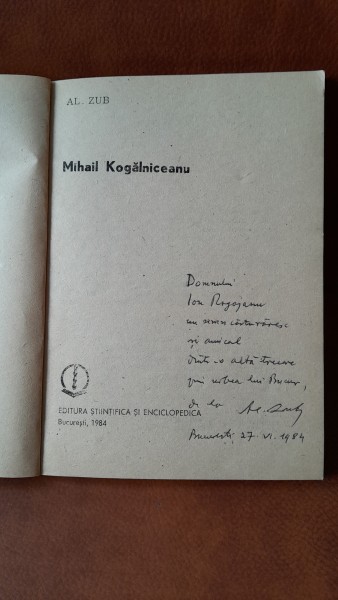 Mihail Kogalniceanu - Al Zub     cu dedicatia autorului