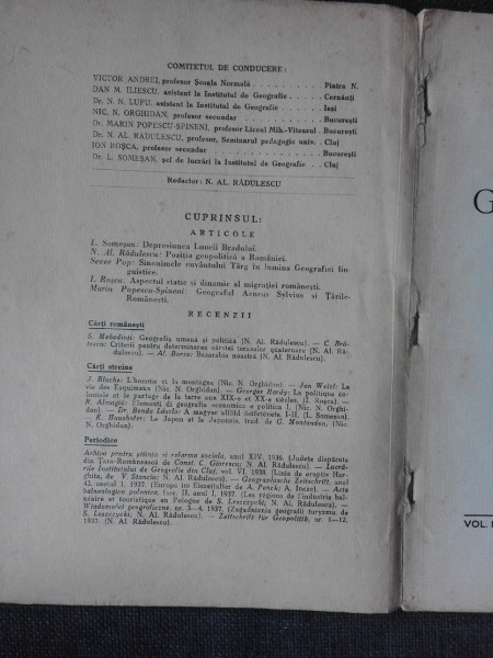 REVISTA GEOGRAFICA ROMANA VOL.I, FASC I/1938, DIRECTOR N.AL.RADULESCU