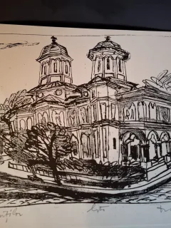 Gravura -  strazi din Bucuresti - epreuve lito/test lito, semnatura olografa Dragos Morarescu