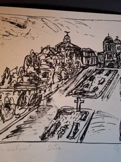 Gravura -  strazi din Bucuresti - epreuve lito/test lito, semnatura olografa Dragos Morarescu