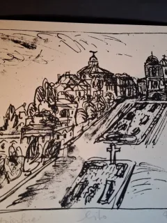 Gravura -  strazi din Bucuresti - epreuve lito/test lito, semnatura olografa Dragos Morarescu