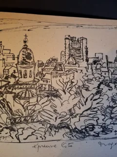 Gravura -  strazi din Bucuresti - epreuve lito/test lito, semnatura olografa Dragos Morarescu