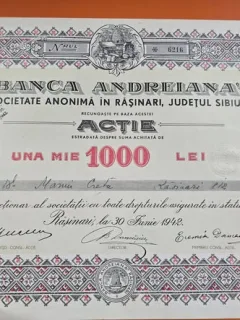 Acțiune emisă de Banca Andreiana, o societate anonimă care funcționa în Răşinari, județul Sibiu, în perioada interbelică și în timpul celui de-al Doilea Război Mondial