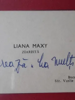 Carte de vizita, Liana Maxy, ziarista. Cu mesaj de felicitare
