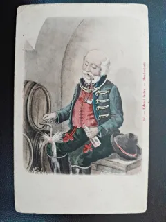 Carte postala barbat in crama, sfarsit de secol XIX