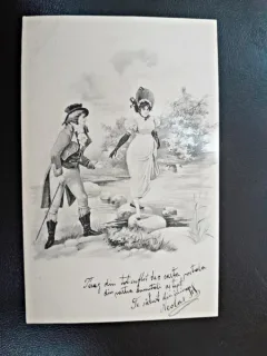 Carte postala, barbat si femeie imbracati de epoca, 1903