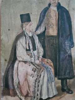 Carte postala, barbat si femeie in costume traditionale maghiare, perioada interbelica