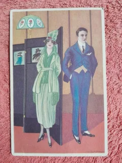 Carte postala, desen femeie si barbat, inceput de secol XX