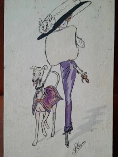 Carte postala, femeie cu caine, desen, perioada interbelica