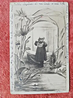 Carte postala, fetita printre flori, 1902