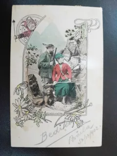 Carte postala, la vanatoare, inceput de secol XX