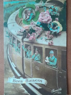 Carte postala, necirculata, desen tren cu militari, perioada interbelica