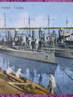 Carte postala, Vapoare de razboi in Portul Galati, 1928