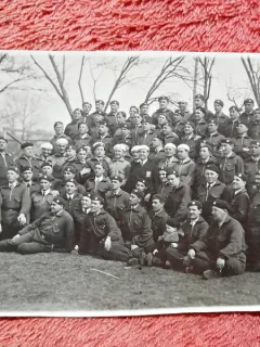 Fotografie tip carte postala, detasament de militari, perioda interbelica