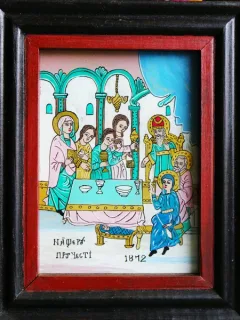 ICOANA PICTATA PE STICLA, ANII 1970, 20x25 cm, RAMA DE LEMN
