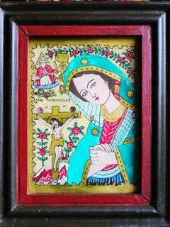 ICOANA PICTATA PE STICLA, ANII 1970, 20x25 cm, RAMA DE LEMN