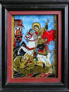 ICOANA PICTATA PE STICLA, ANII 1970, 20x25 cm, RAMA DE LEMN