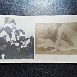 2 fotografii vechi, cca 1900, cu tema erotica, lipite pe carton