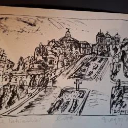 Gravura -  strazi din Bucuresti - epreuve lito/test lito, semnatura olografa Dragos Morarescu