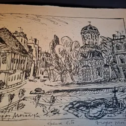 Gravura -  strazi din Bucuresti - epreuve lito/test lito, semnatura olografa Dragos Morarescu