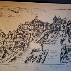 Gravura -  strazi din Bucuresti - epreuve lito/test lito, semnatura olografa Dragos Morarescu
