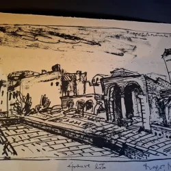 Gravura -  strazi din Bucuresti - epreuve lito/test lito, semnatura olografa Dragos Morarescu