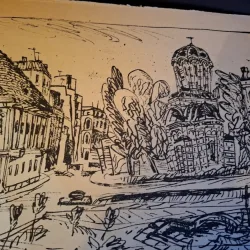 Gravura -  strazi din Bucuresti - epreuve lito/test lito, semnatura olografa Dragos Morarescu