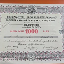 Acțiune emisă de Banca Andreiana, o societate anonimă care funcționa în Răşinari, județul Sibiu, în perioada interbelică și în timpul celui de-al Doilea Război Mondial