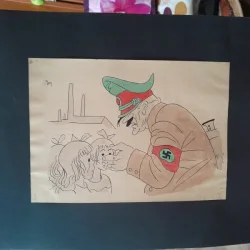 Caricatura, desen original in penita si ceracolor, semnata Iosif Ross 1899 - 1974, Hitler vorbind copiilor, cu paspartu