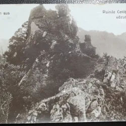 Carte postala, pe Arges in sus, Ruinele Cetatii Vlad Tepes vazute de sus, 1935