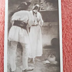 Carte postala, reproducere dupa tabloul O intrebare la fintina/H. Stambulescu, perioada interbelica