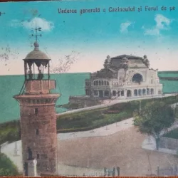 Carte postasla, Constanta, vederea generala a Cazinoului si Farul de pe bulevard, 1927
