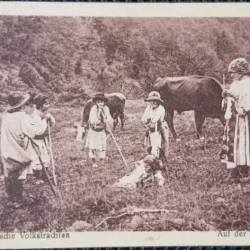 Fotografie tip Carte Postala, Copii din mediul rural, in costume populare, perioada interbelica