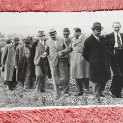 Fotografie tip carte postala, ministrul V. Nitescu in vizita de lucru, 1933