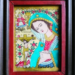 ICOANA PICTATA PE STICLA, ANII 1970, 20x25 cm, RAMA DE LEMN