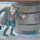Carte postala, circulata, desen barbat turmentat langa un butoi, 1928