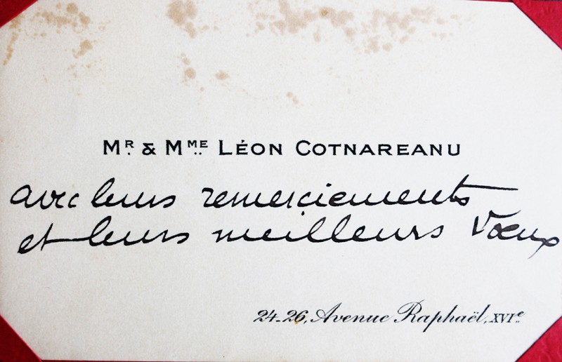 Amorous toast reader CARTE DE VIZITA LEON COTNAREANU, CU MESAJ DE MULTUMIRE, IN LIMBA FRANCEZA